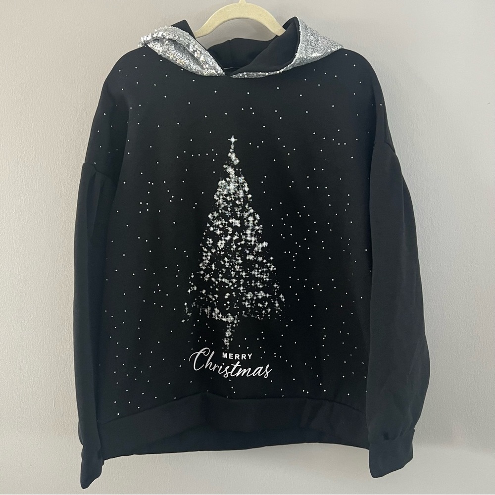 SHEILAY Merry Christmas Black And Silver Sequin Hoodie Sweatshirt